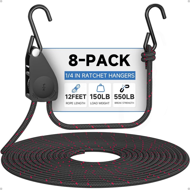 Fondwell 1/4" Tie Downs Ratchet Straps: 8 Pack of Heavy Duty Adjustable Rope Hangers for Various Hanging and Strapping - Image 1